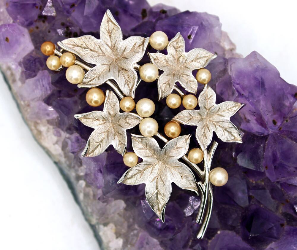 Crown Trifari Silver Tone Faux Pearl Textured Ivy Brooch